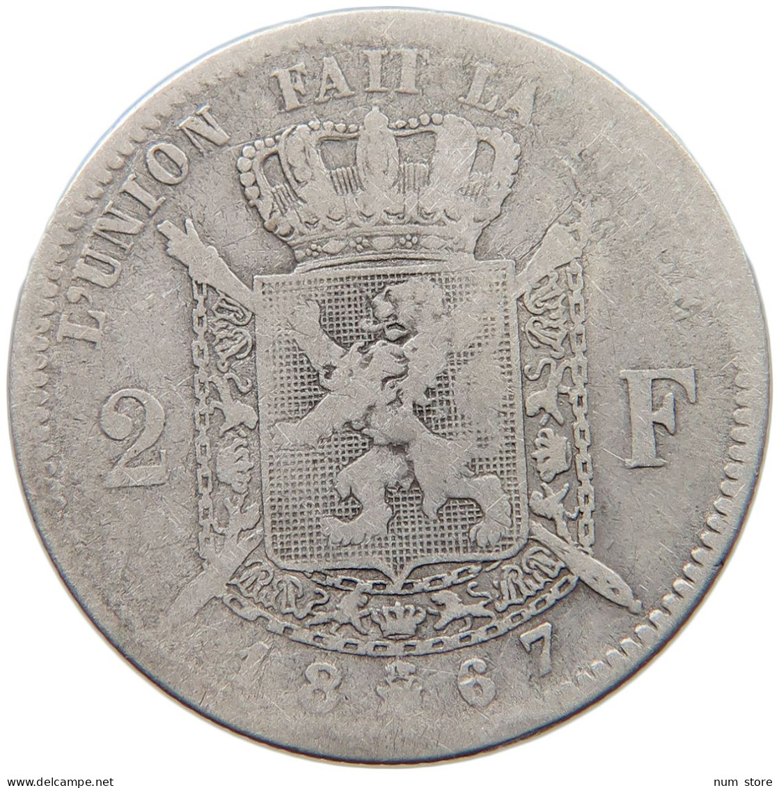 BELGIUM 2 FRANCS 1867 Leopold II. 1865-1909 #c024 0039 - 2 Frank