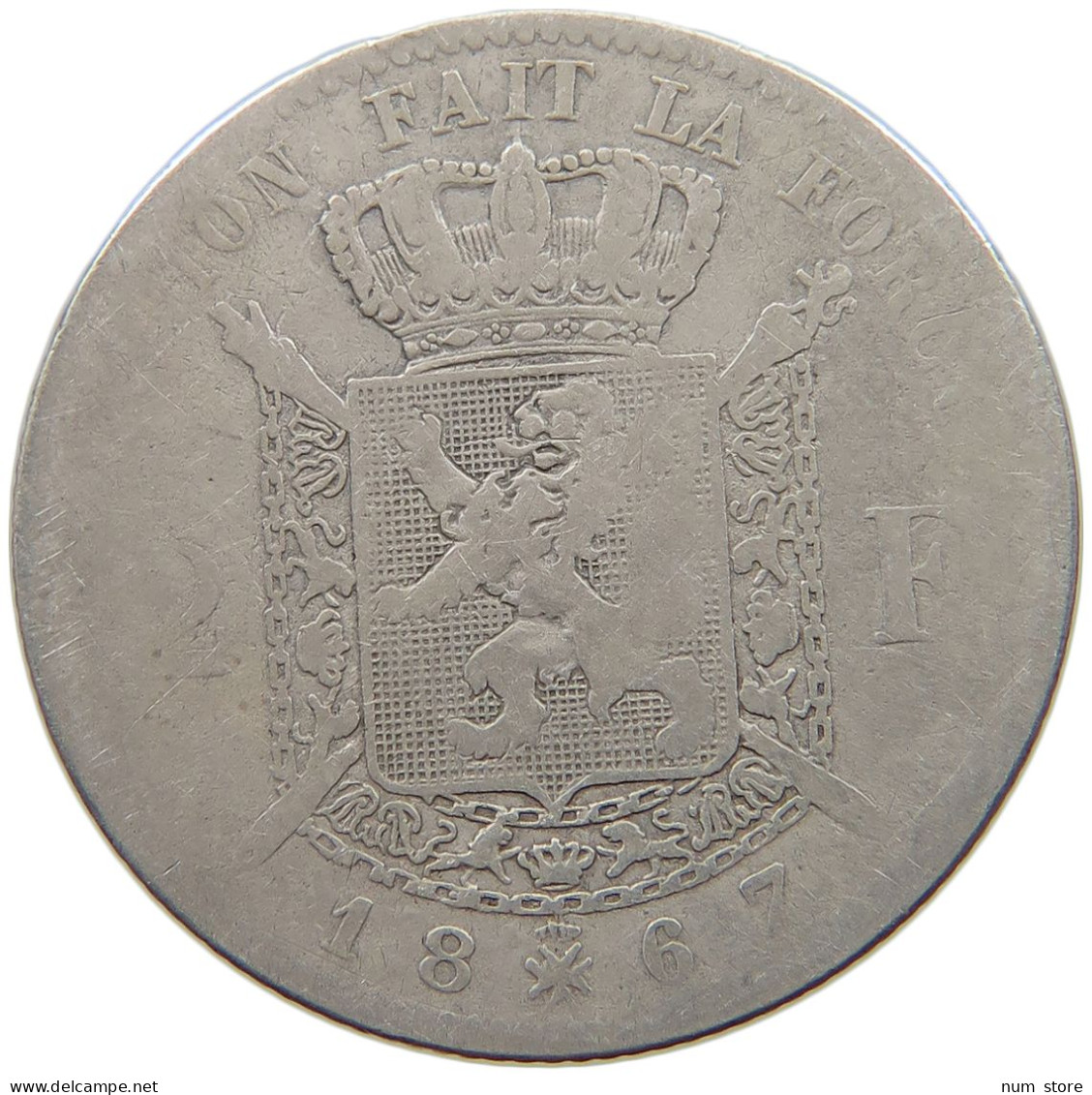 BELGIUM 2 FRANCS 1867 Leopold II. 1865-1909 #a090 0729 - 2 Frank