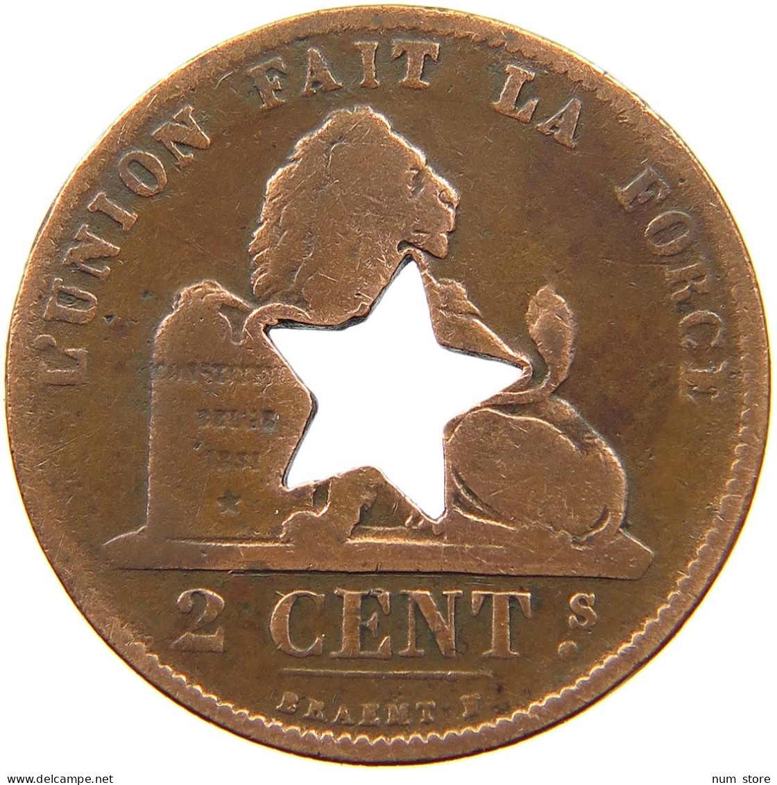 BELGIUM 2 CENTIMES 1873 2 CENTIMES 1873 COUNTERMARKED STAR #t065 0319 - 2 Cents