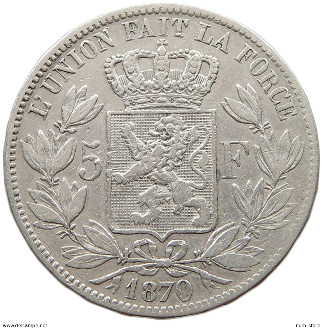 BELGIUM 5 FRANCS 1870  #t143 0187 - 5 Francs