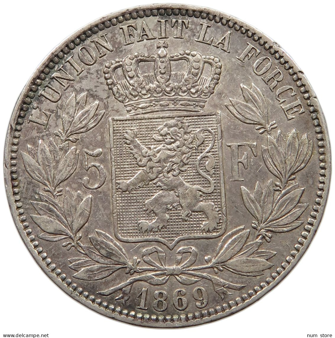 BELGIUM 5 FRANCS 1869  #t161 0139 - 5 Francs