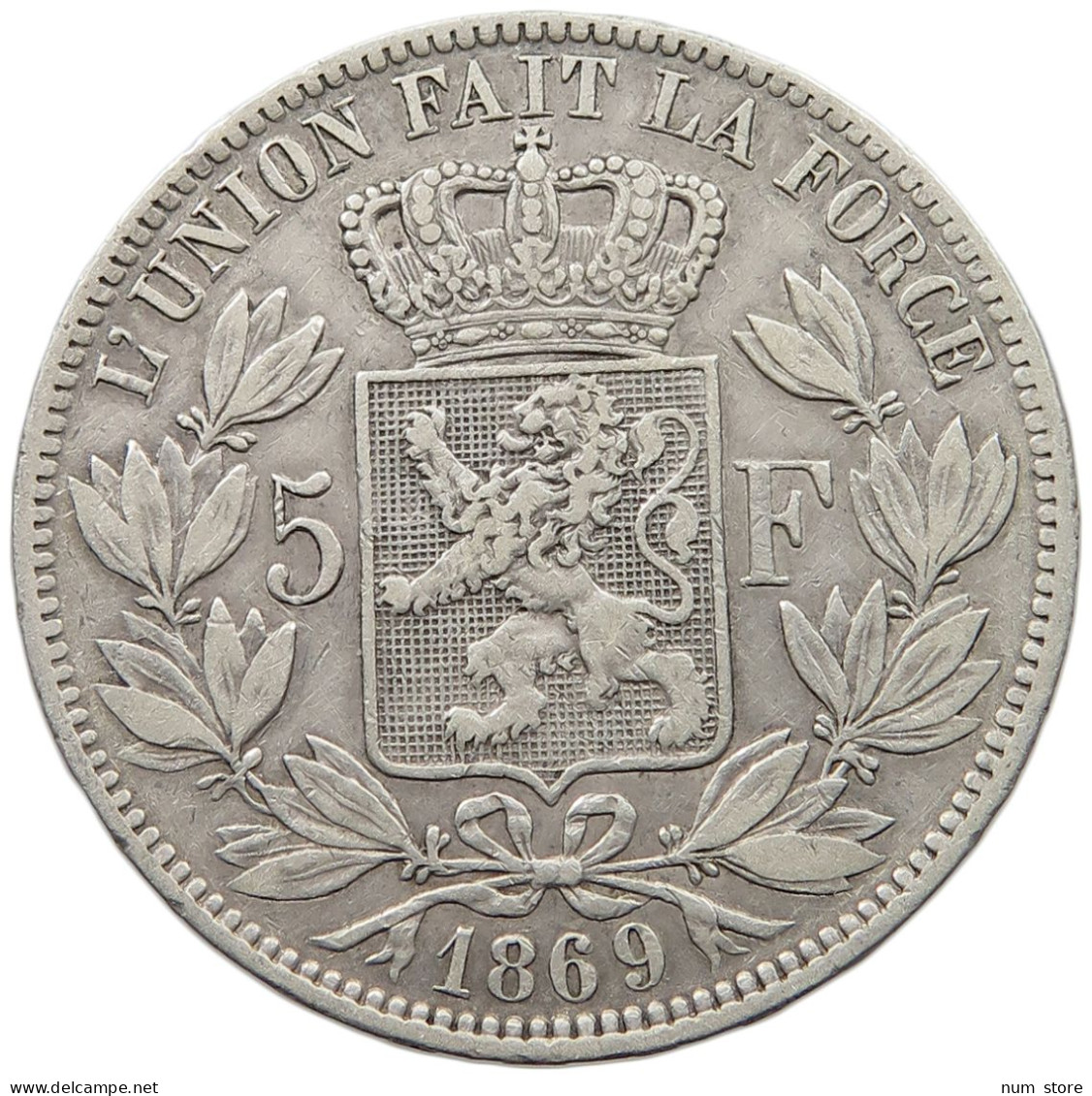 BELGIUM 5 FRANCS 1869  #t002 0041 - 5 Francs