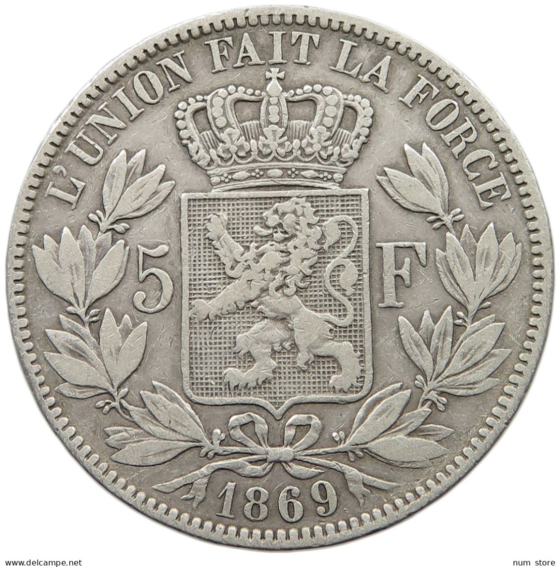 BELGIUM 5 FRANCS 1869  #t002 0001 - 5 Francs