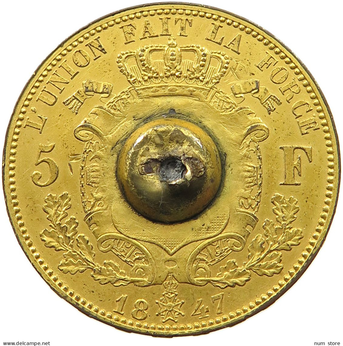 BELGIUM 5 FRANCS 1847 5 FRANCS 1847 PATTERN GOLD PLATED COOPER #t081 0057 - 5 Frank