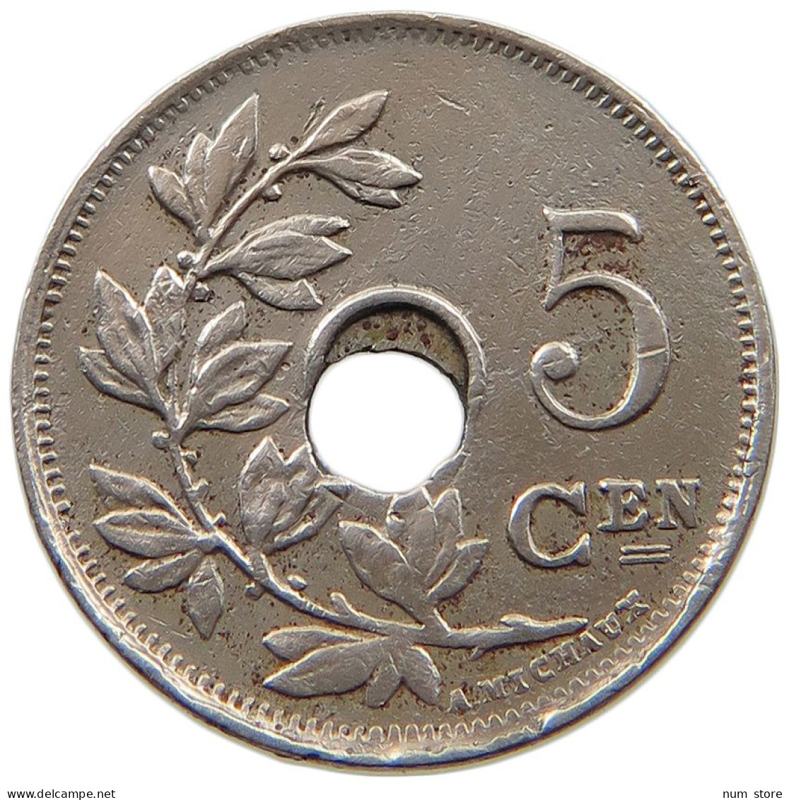 BELGIUM 5 CENTIMES 1922 MINTING ERROR 5 CENTIMES 1922 HOLE OFF-CENTER #t065 0283 - 5 Centimes