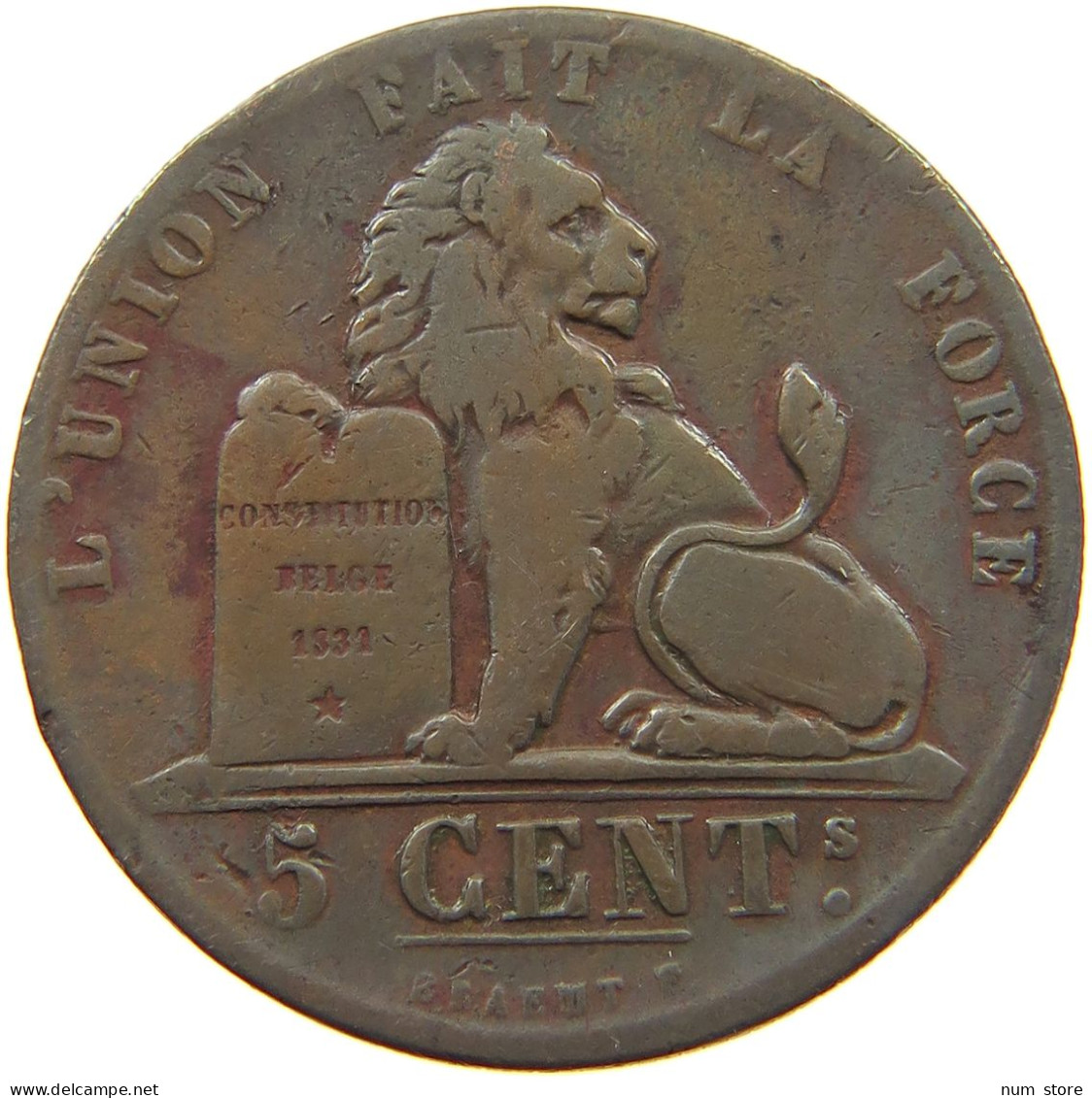 BELGIUM 5 CENTIMES 1851 BELGIUM 5 CENTIMES 1851 LARGE 5 WITH POINT #t132 0577 - 5 Cent