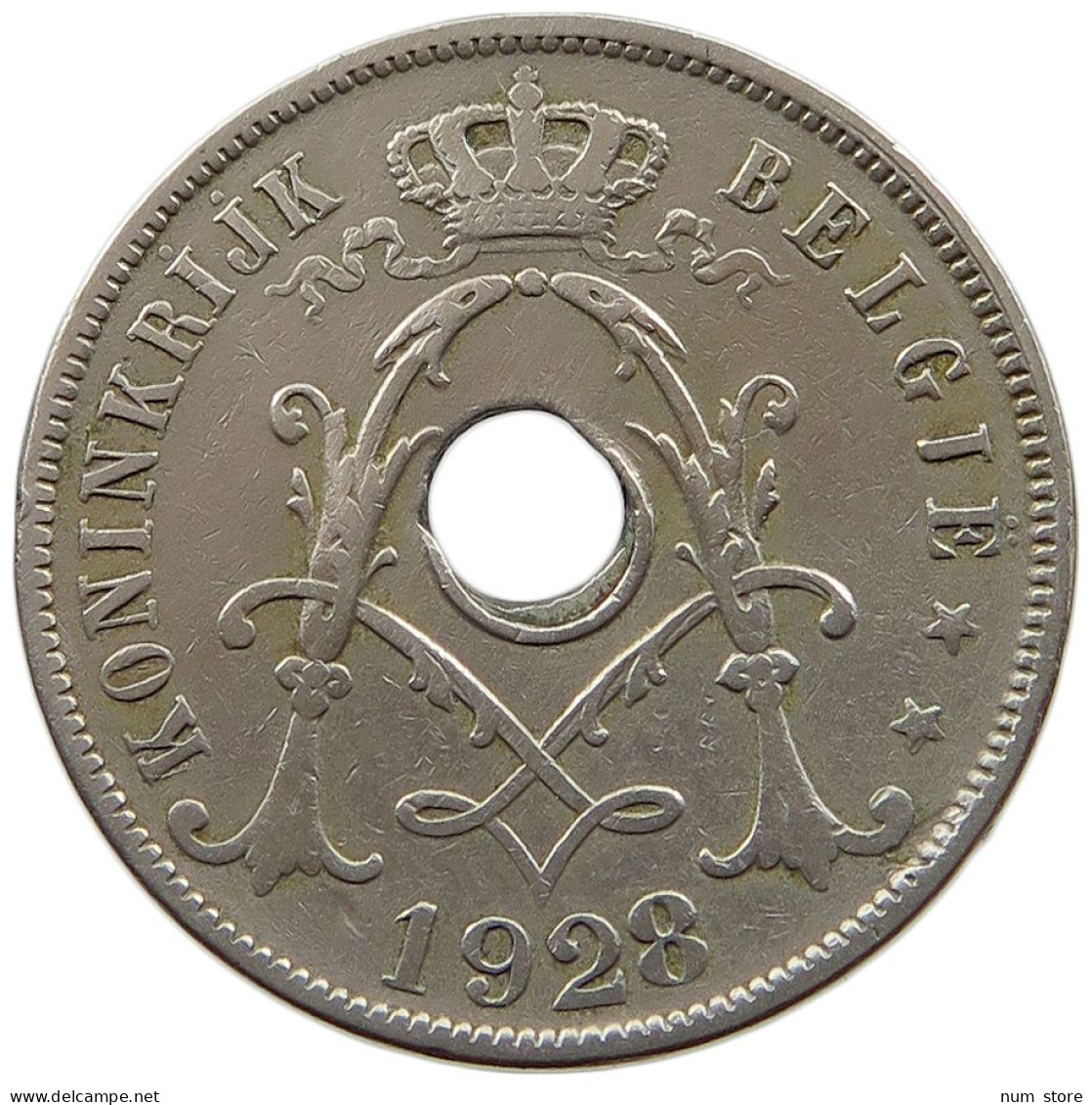 BELGIUM 25 CENTIMES 1928 MINTING ERROR 25 CENTIMES 1928 HOLE OFF-CENTER #t065 0181 - 25 Cent