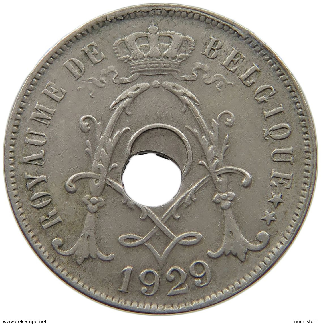 BELGIUM 25 CENTIMES 1929 OFF-CENTER HOLE #t001 0237 - 25 Cents