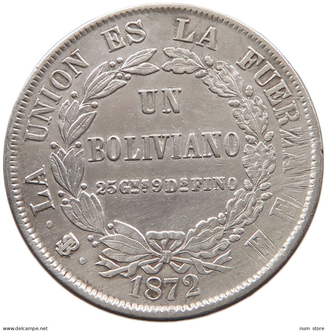 BOLIVIA BOLIVIANO 1872 FE  #t154 0355 - Bolivie