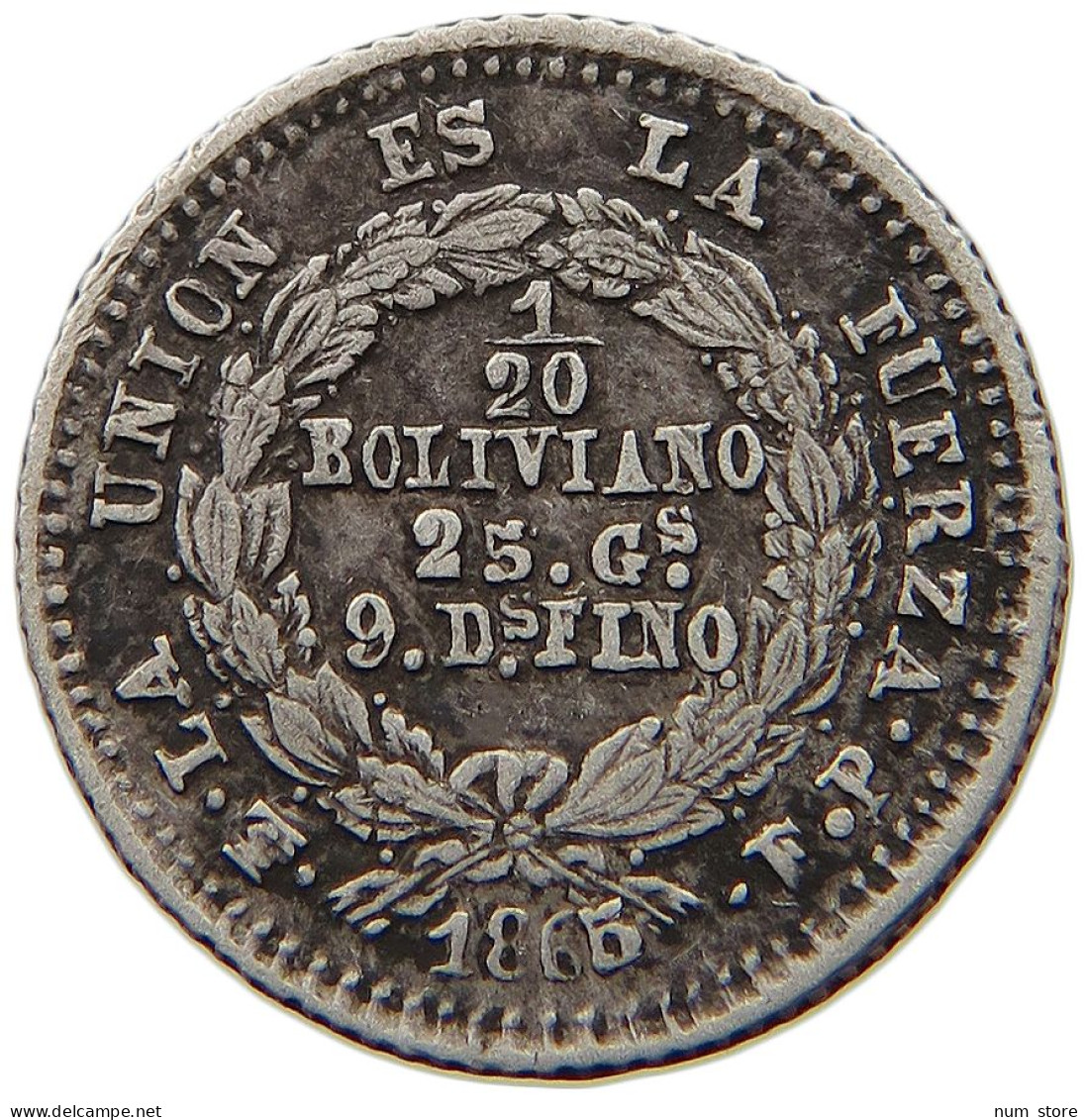 BOLIVIA 1/20 BOLIVIANO 1865/4 VERY RARE #t060 0313 - Bolivie