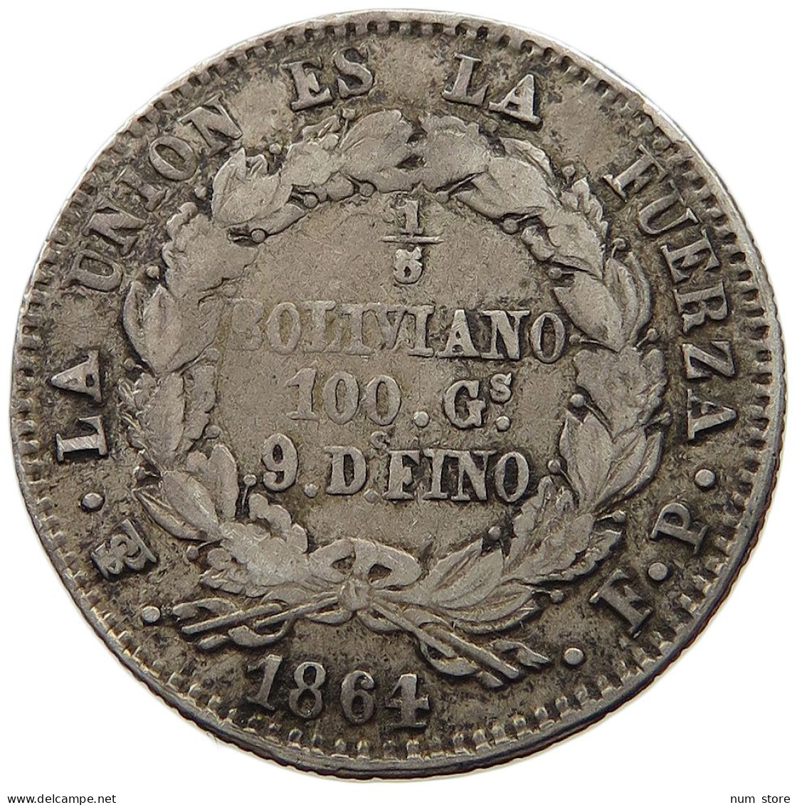 BOLIVIA 1/5 BOLIVIANO 1864 RARE #t060 0235 - Bolivië