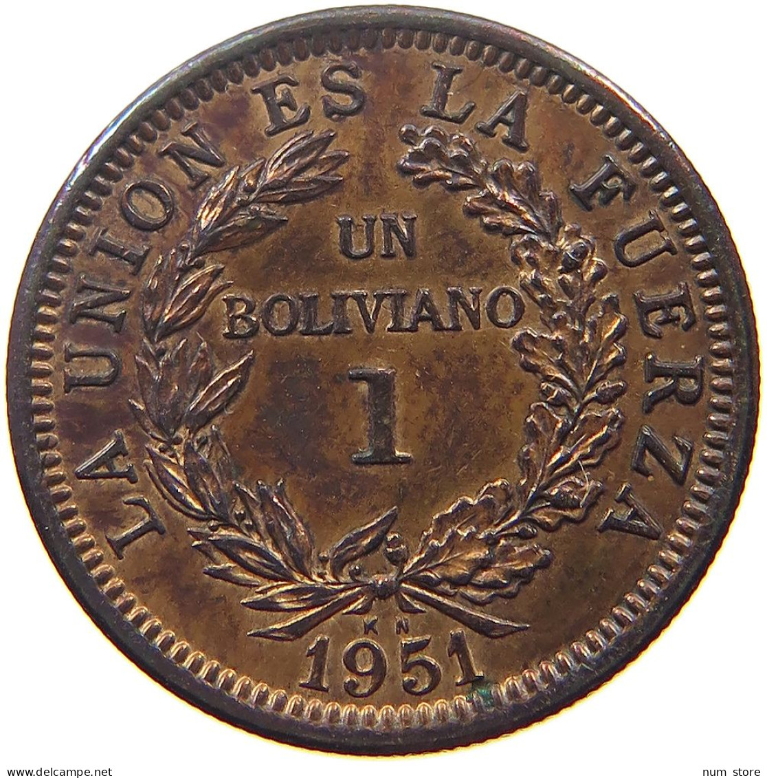 BOLIVIA BOLIVIANO 1951 KN  #s052 0233 - Bolivie