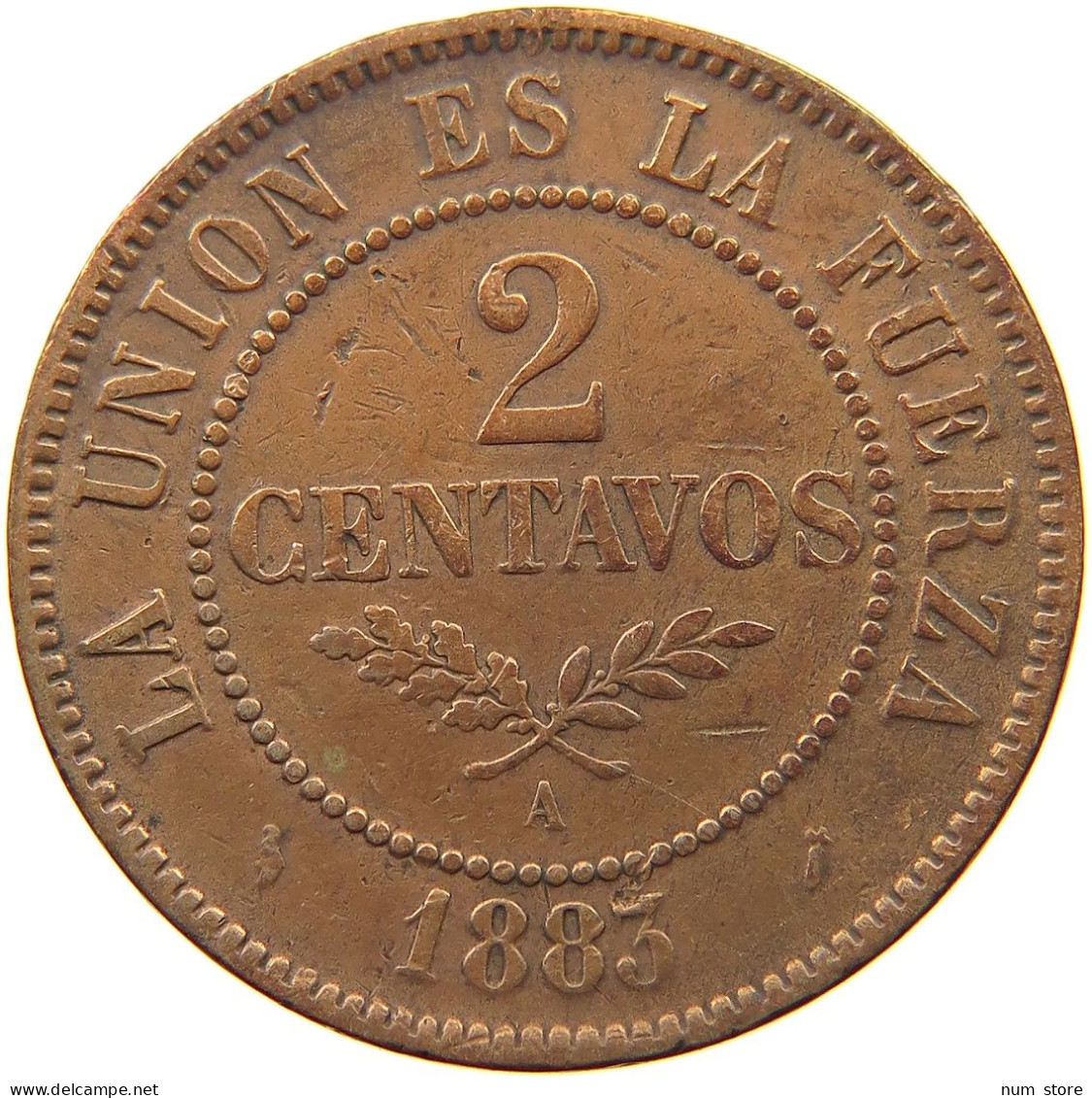 BOLIVIA 2 CENTAVOS 1883 RARE #s036 0079 - Bolivie