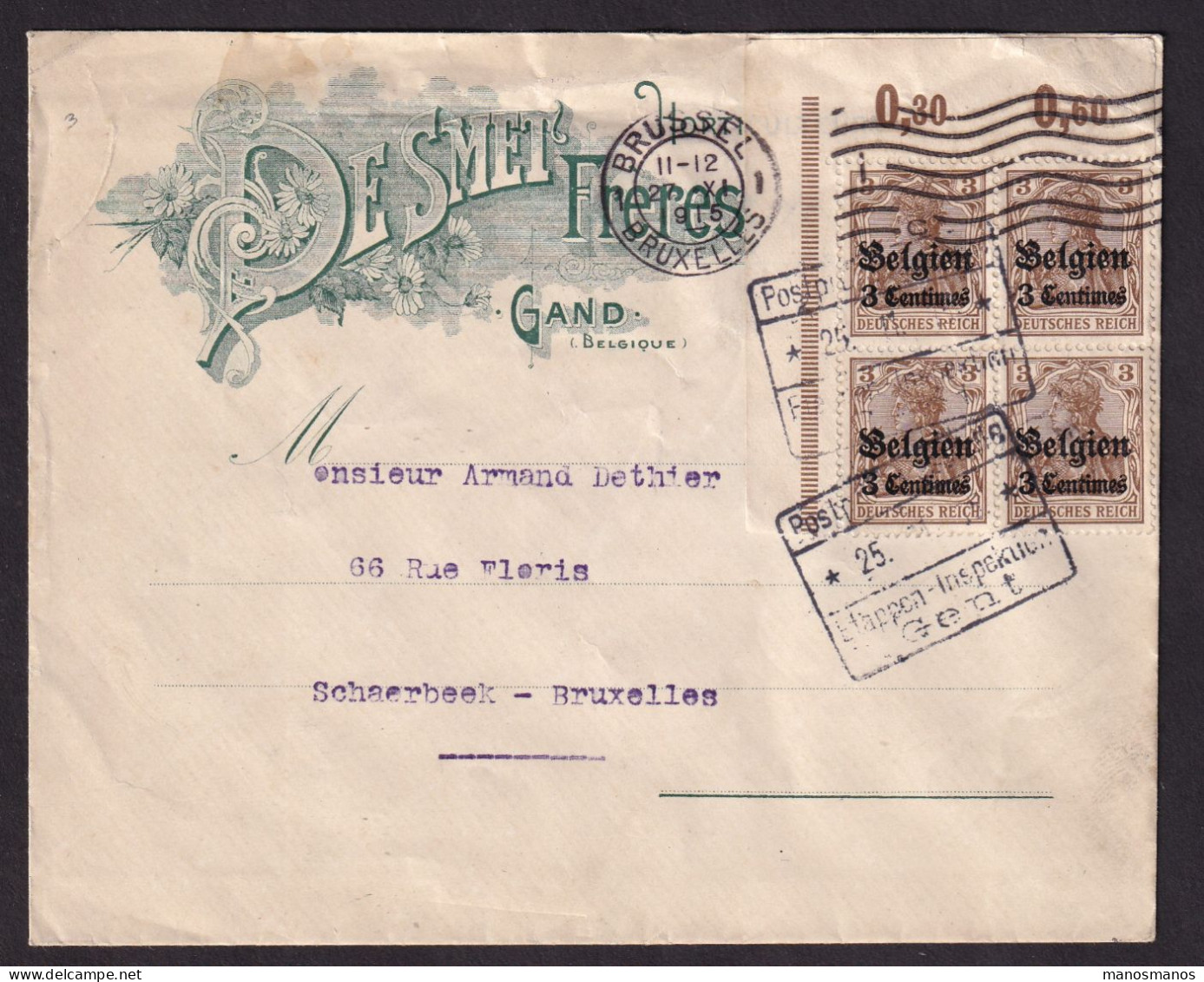 DDFF 051 -- Enveloppe Illustrée TP Germania Surchargés Belgien - Censure Etapes GENT 1915 à BXL - Horticulteurs LEDEBERG - OC26/37 Territori Tappe