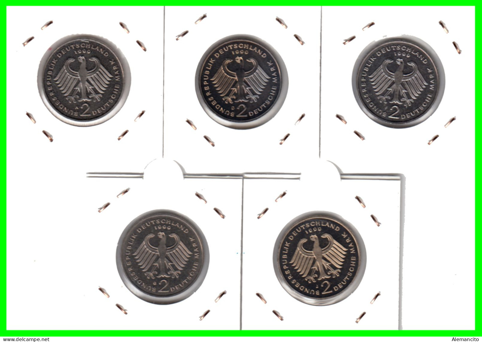 ALEMANIA  SERIE 5 MONEDAS DE 2.00 DM AÑO 1999 CECAS - A - D - F - G - J . DE  LUDWIG ERHARD - SIN CIRCULAR PROOF - 2 Marcos