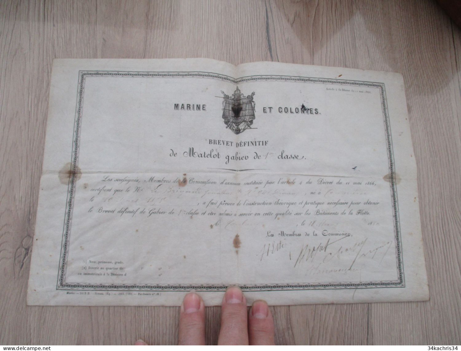 M45 Marine Et Colonie Brevet Définitif De Matelot Et Gabier 1880 Le Brigand Toulon Voir Au Dos - Diploma & School Reports