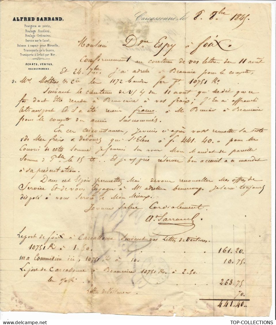 1845 ENTETE ALFRED SARAND ROULAGE TRANSPORT à Carcassonne Aude  Pour Espy Maitre De Forges à Foy Ariège - 1800 – 1899