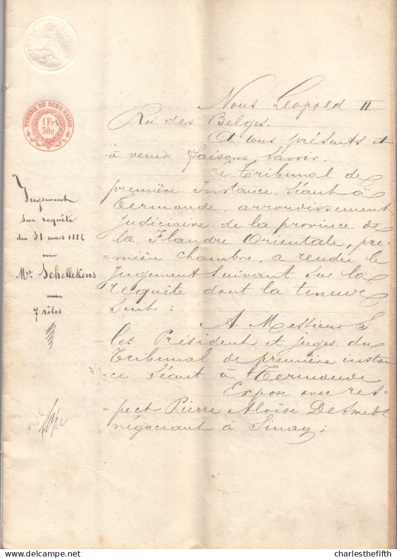 1882 JUGEMENT SUR REQUETE - PIERRE DESMEDT à SINAY > JOANNA DESMEDT à Hopital à St Nicolas  Incapable De Gérer Ses Biens - Advertising