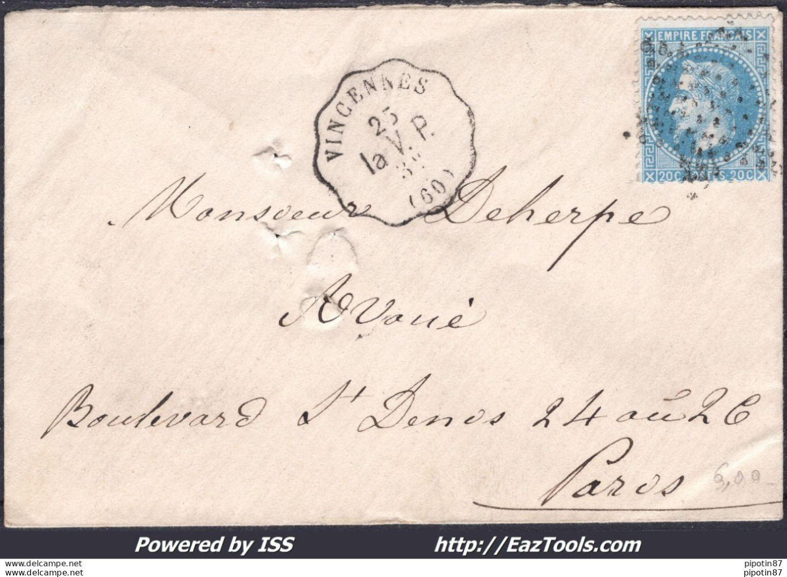 FRANCE N°29A SUR LETTRE CACHET CONVOYEUR DE STATION VINCENNES LIGNE 251 La.V.P. - 1863-1870 Napoléon III Con Laureles