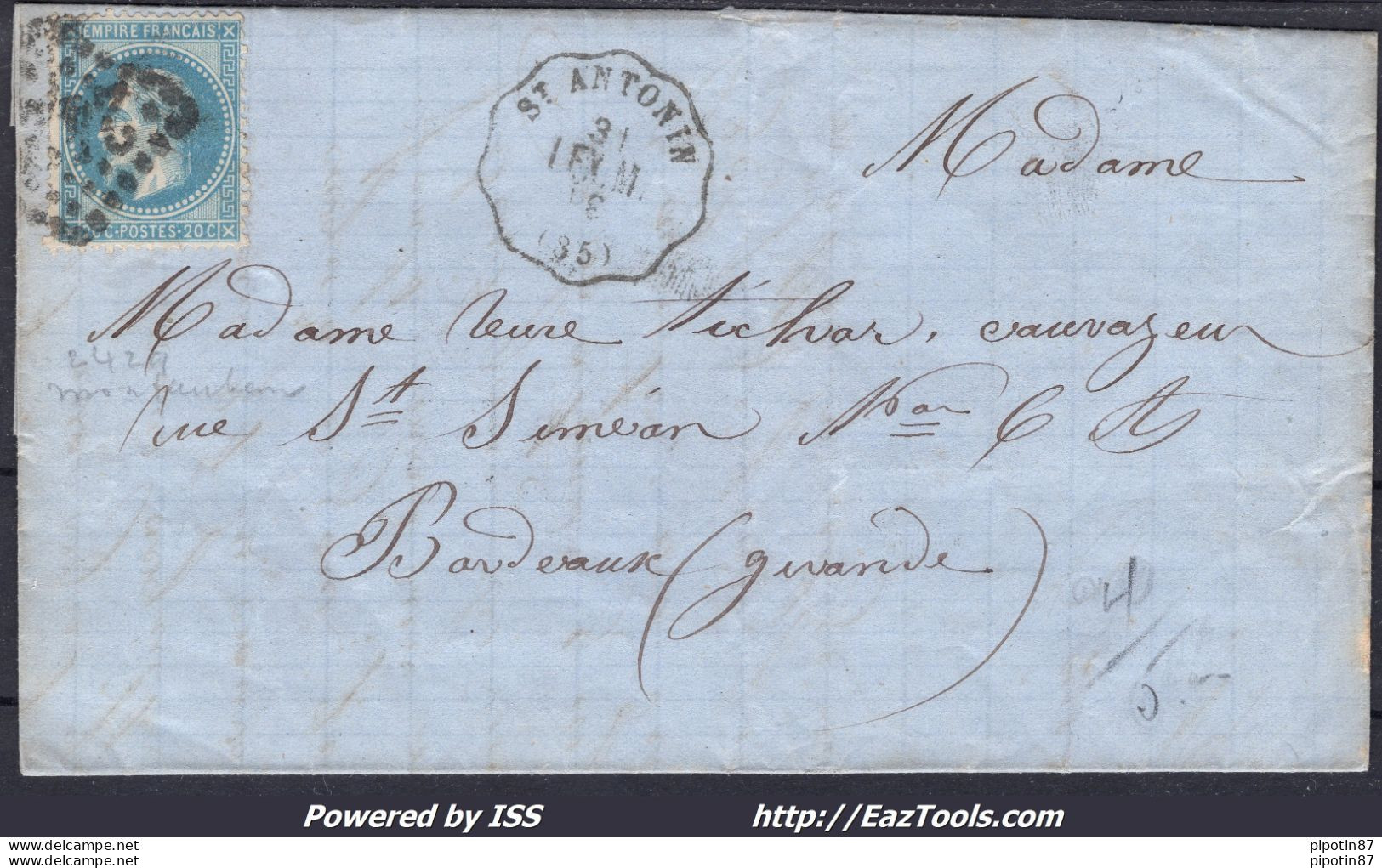 FRANCE N°29B SUR LETTRE CACHET CONVOYEUR DE STATION ST ANTONIN LIGNE 253 LEX.M. - 1863-1870 Napoléon III. Laure