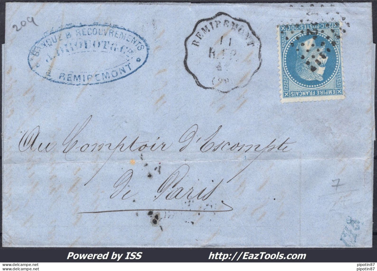 FRANCE N°29B SUR LETTRE CACHET CONVOYEUR DE STATION REMIREMONT LIGNE 209 R.EP. - 1863-1870 Napoléon III Lauré