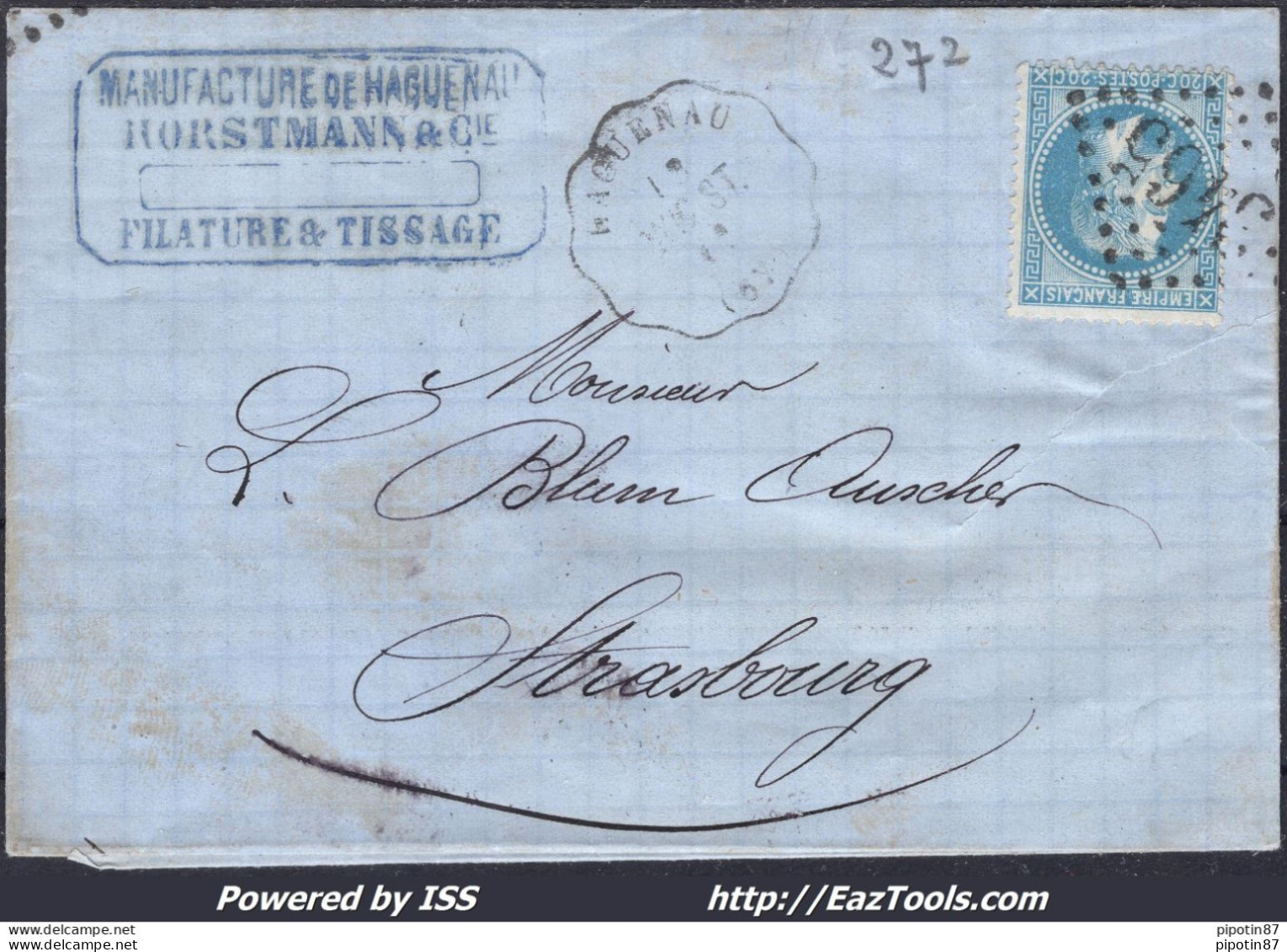 FRANCE N°29B SUR LETTRE CACHET CONVOYEUR DE STATION HAGUENAU LIGNE 348 WIS-ST - 1863-1870 Napoléon III Lauré