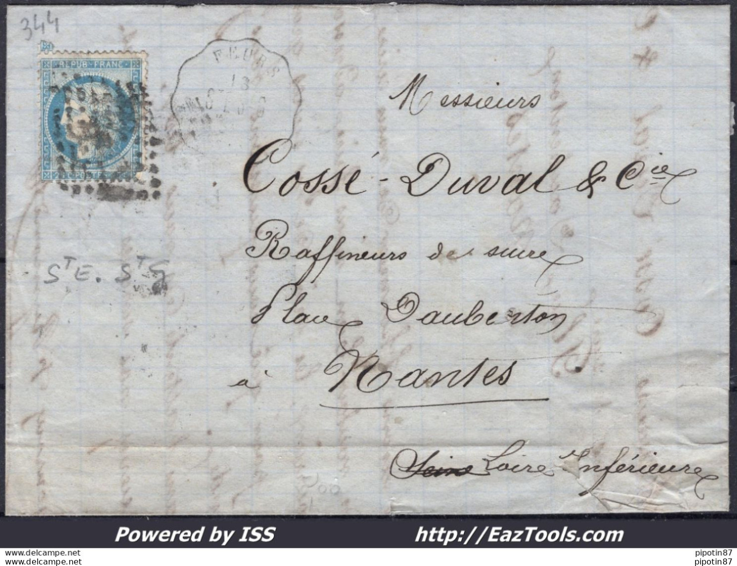 FRANCE N°60A SUR LETTRE AVEC CACHET CONVOYEUR DE STATION FEURS LIGNE 344 STE-STG - 1871-1875 Ceres