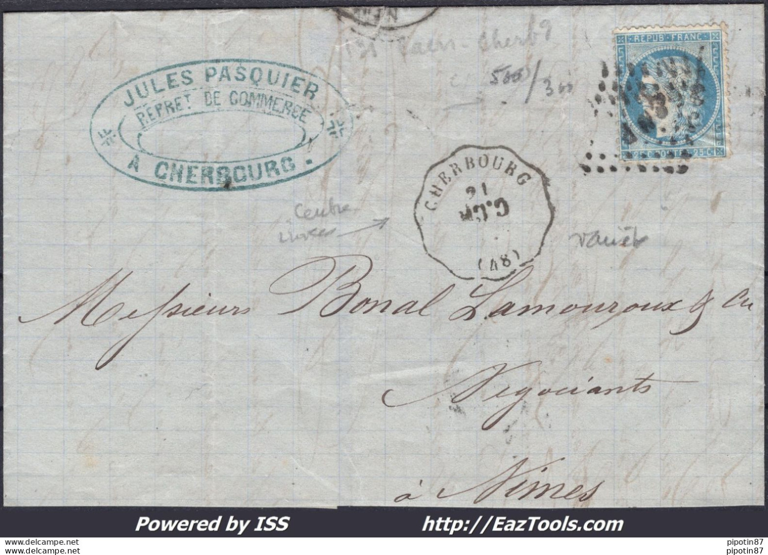 FRANCE N°60A SUR LETTRE AVEC CONVOYEUR DE STATION CHERBOURG LIGNE 131 C.CH. - 1871-1875 Cérès