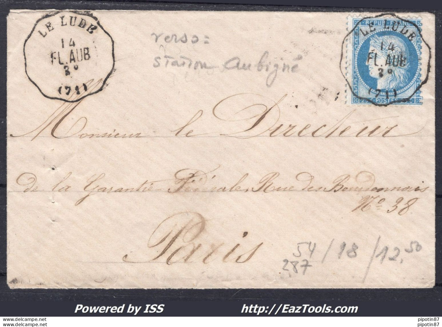 FRANCE N°60C SUR LETTRE AVEC CONVOYEUR DE STATION LE LUDE LIGNE 54 FL.AUB. A VOIR - 1871-1875 Ceres