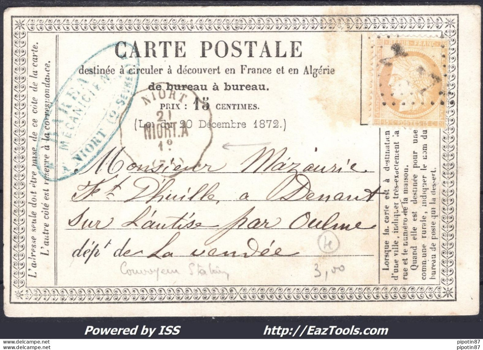 FRANCE N°59 SUR CP AVEC CONVOYEUR DE STATION NIORT LIGNE 11 NIORT.A. RARE - 1871-1875 Ceres