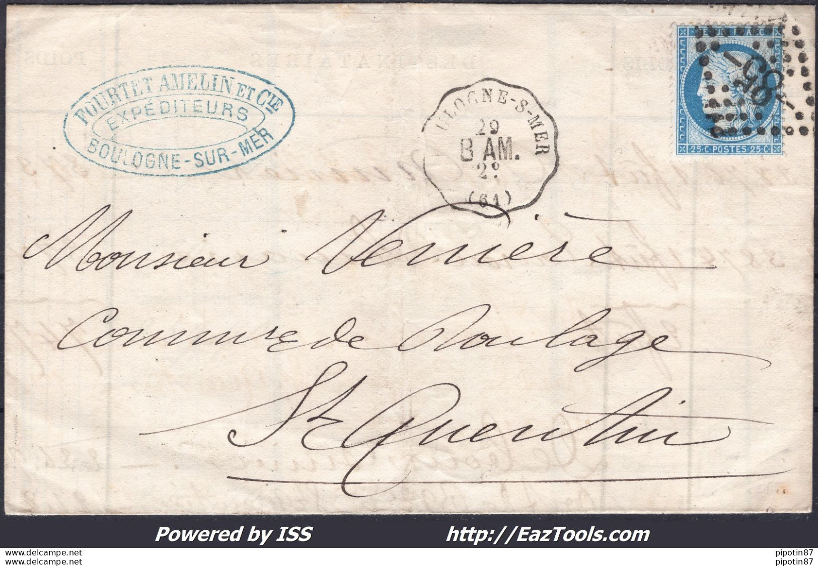 FRANCE N°60A SUR LETTRE CONVOYEUR DE STATION BOULOGNE SUR MER LIGNE 27 B.AM. - 1871-1875 Ceres