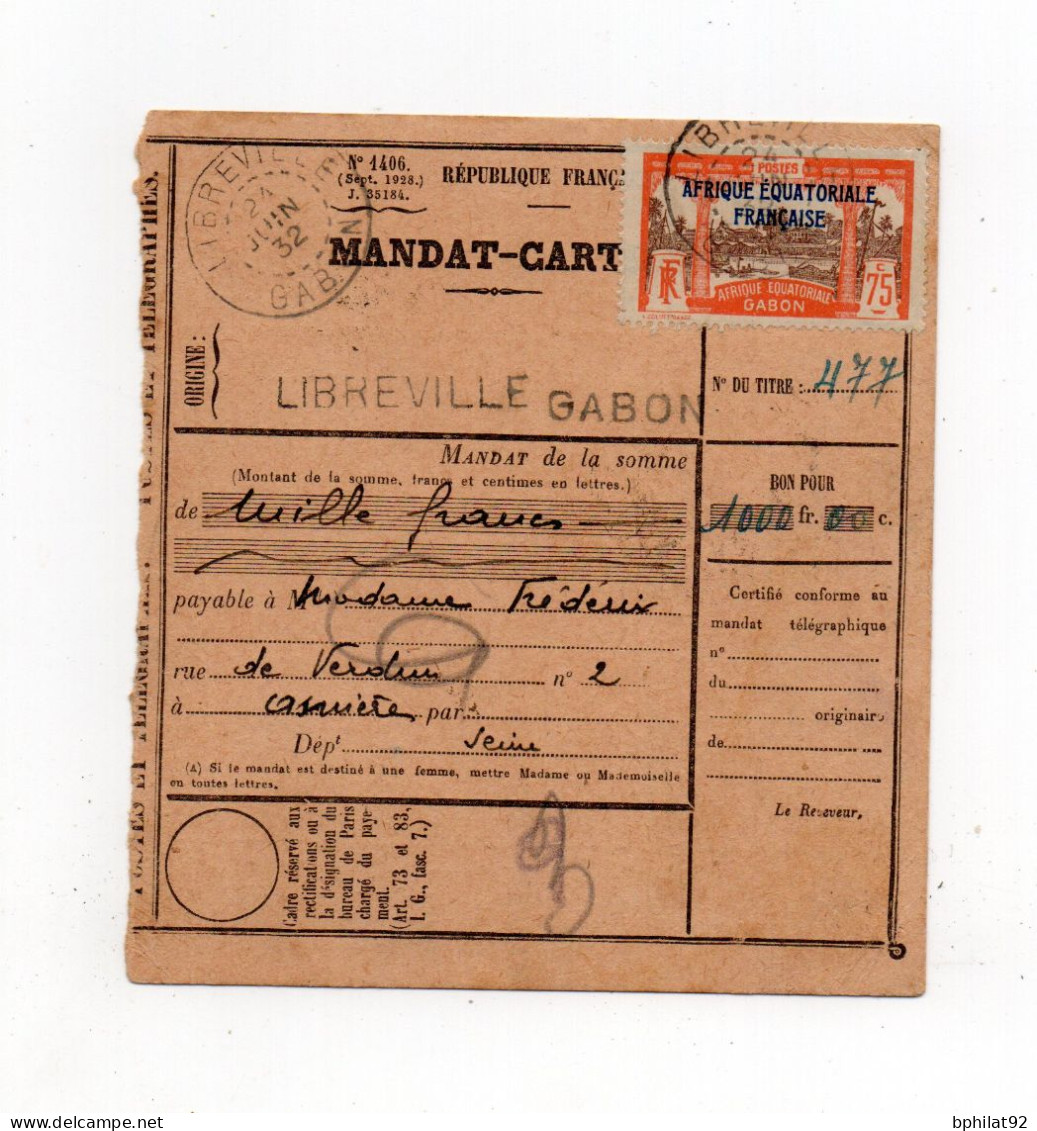 !!! GABON, MANDAT CARTE DE LIBREVILLE DE 1932 POUR ASNIERES - Lettres & Documents