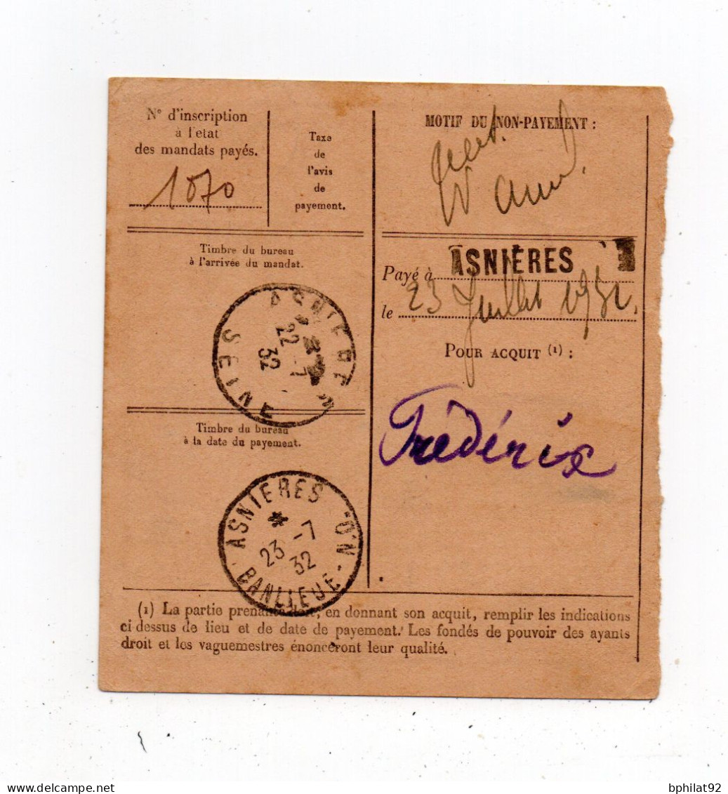 !!! GABON, MANDAT CARTE DE LIBREVILLE DE 1932 POUR ASNIERES - Covers & Documents