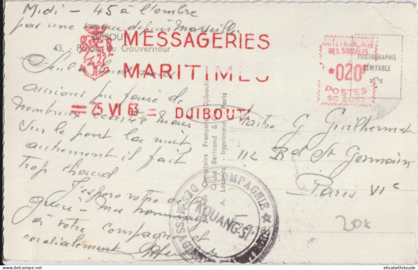 1963 - POSTE MARITIME SOMALIS ! - EMA DJIBOUTI MESSAGERIES MARITIMES + CACHET PAQUEBOT KOUANG-SI Sur CARTE => PARIS - Lettres & Documents