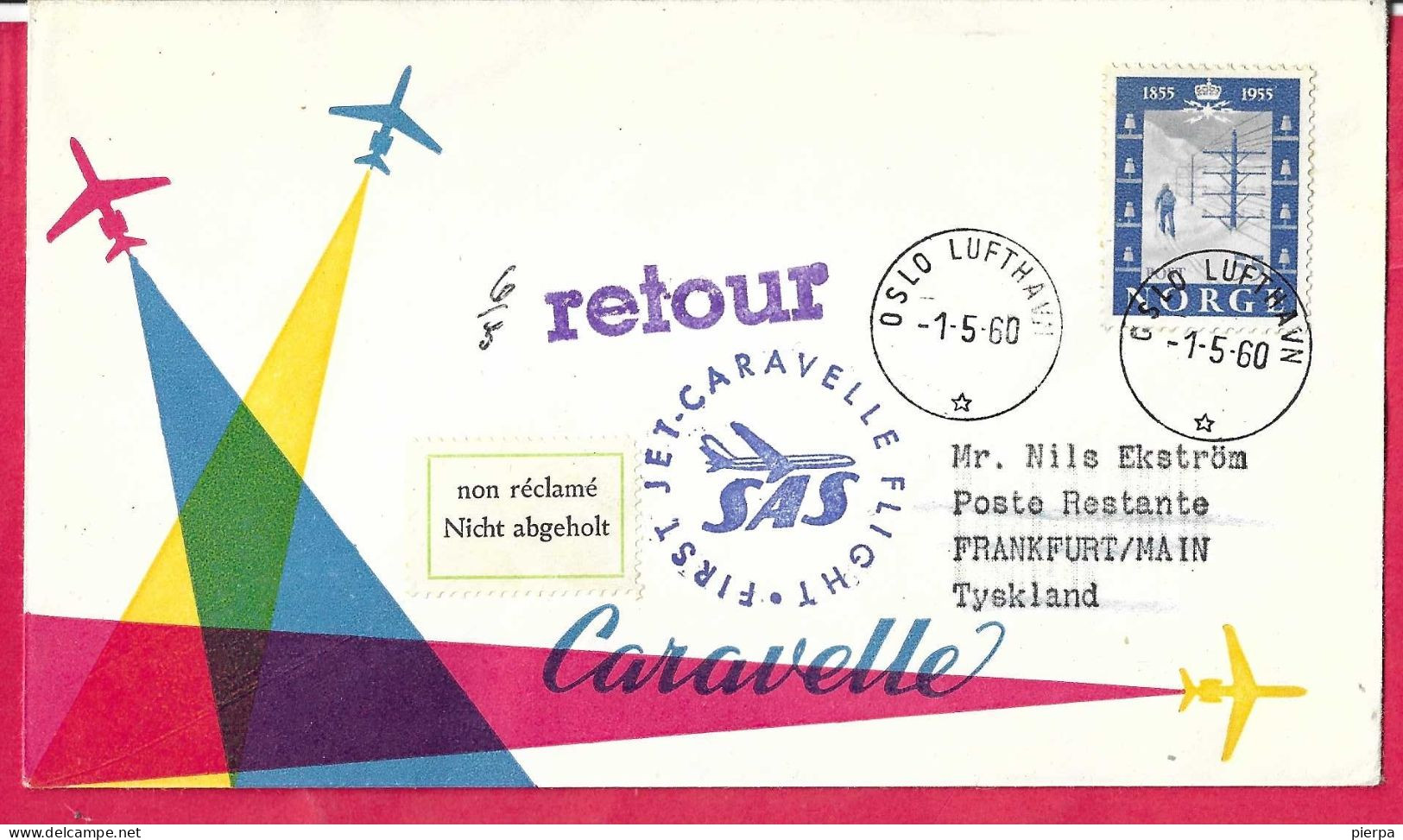 NORGE - FIRST CARAVELLE FLIGHT - SAS - FROM OSLO TO FRANKFURT *1.5.60* ON OFFICIAL COVER - Lettres & Documents