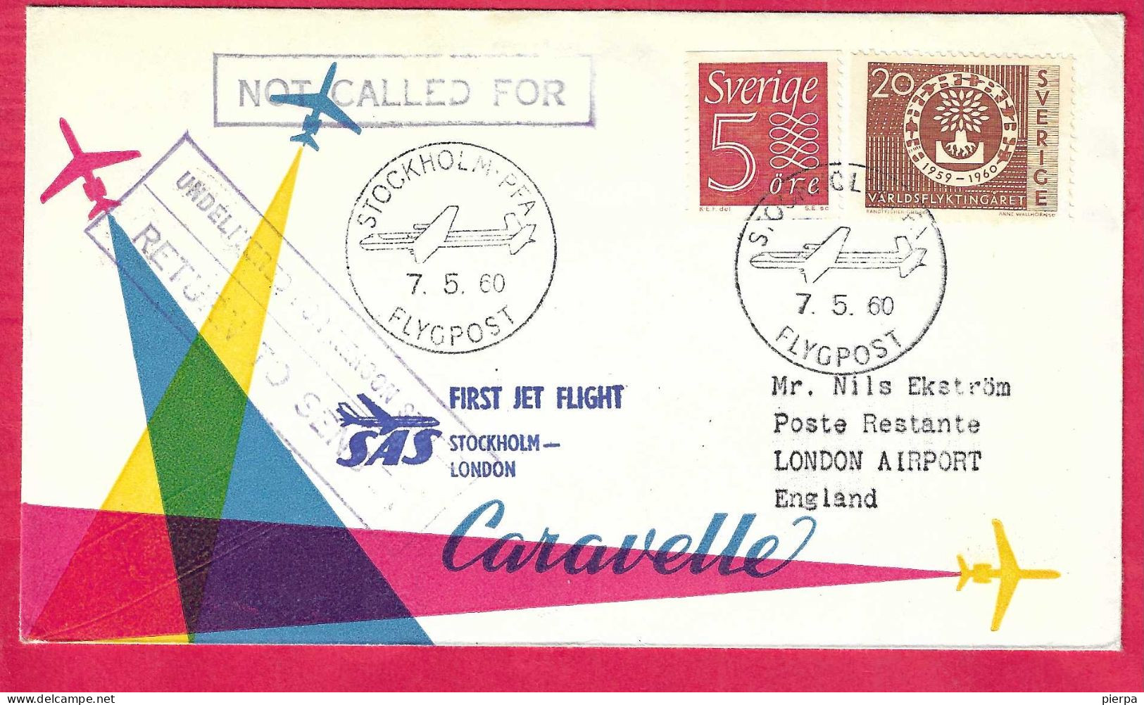 SVERIGE - FIRST CARAVELLE FLIGHT SAS  FROM STOCKHOLM TO LONDON *7.5.60* ON OFFICIAL COVER - Covers & Documents