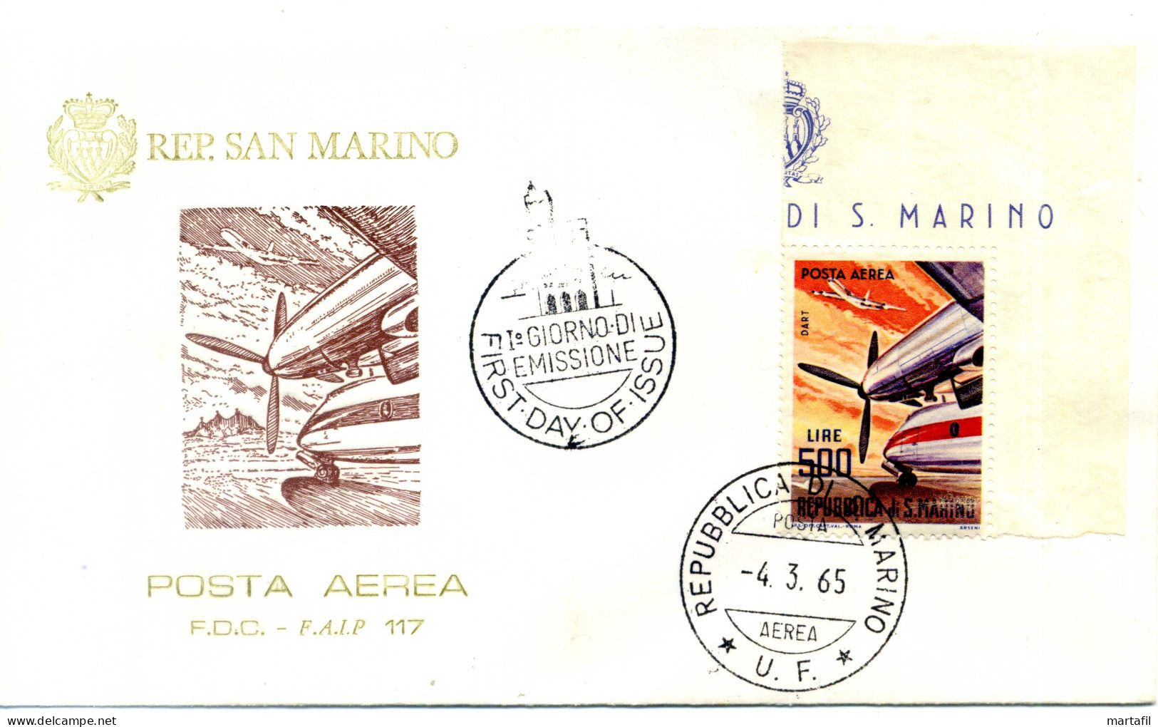 1965 SAN MARINO FDC Posta Aerea Aerei Moderni 500 Lire L. Dart - FDC