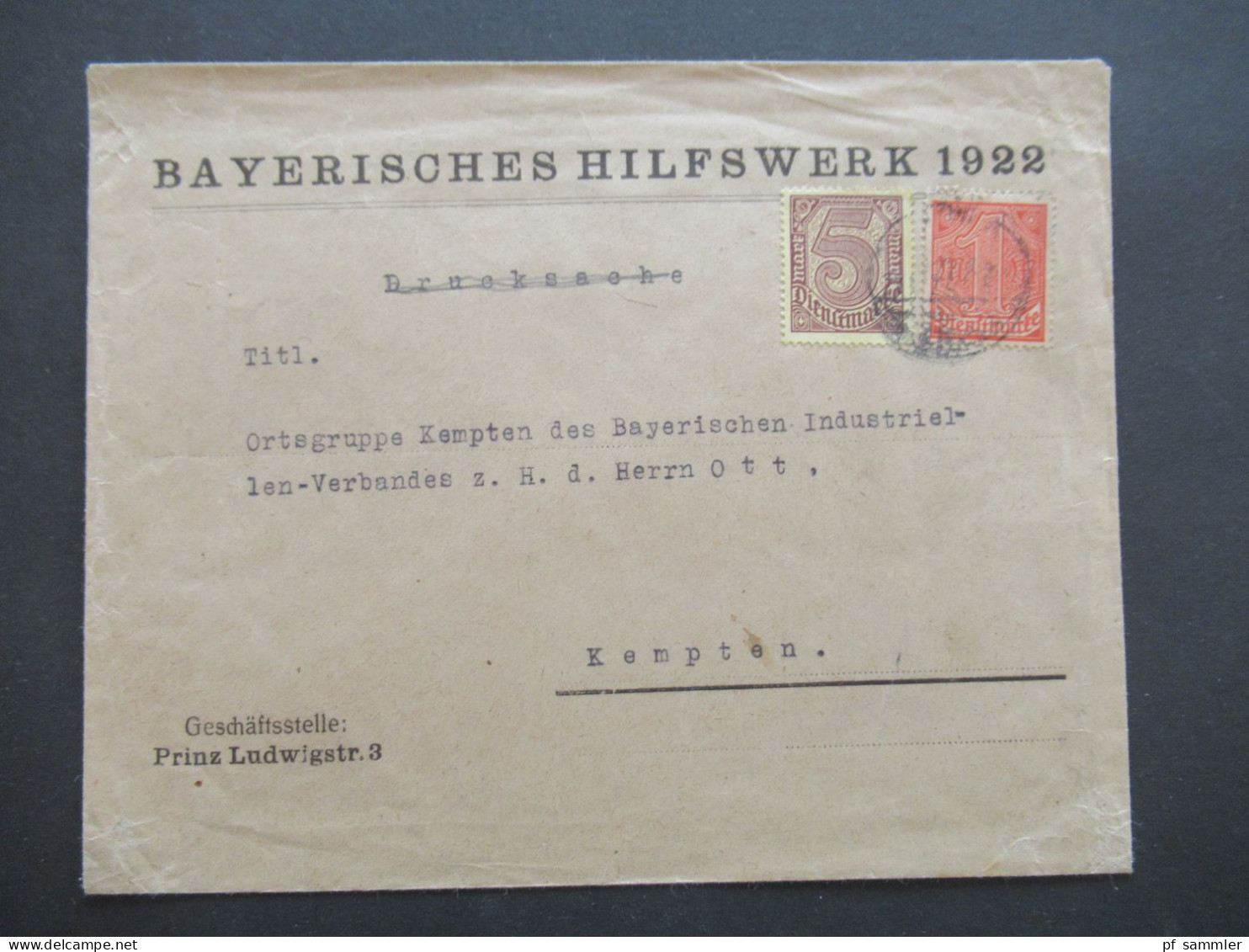 DR Dienstmarken Nr.30 Und 33 MiF Bayerisches Hilfswerk 1922 Geschäftsstelle Prinz Ludwigstr. 3 / Kempten - Dienstmarken