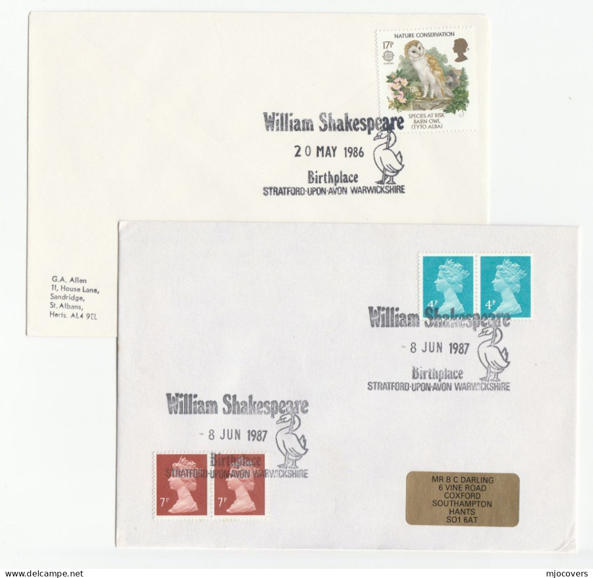 20 May & 8 June 1986 WILLIAM SHAKESPEARE EVENT Covers SWAN Bird Stratford Upon Avon GB Stamps - Zwanen