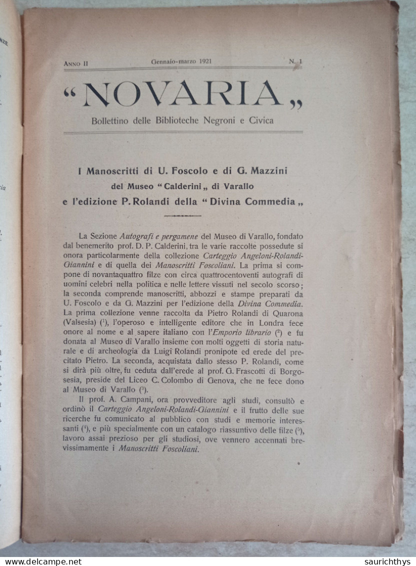 Novaria Bollettino Biblioteche Civica E Negroni Novara 1921 Teatri Di Novara Museo Calderini Di Varallo Sesia - Geschiedenis, Biografie, Filosofie