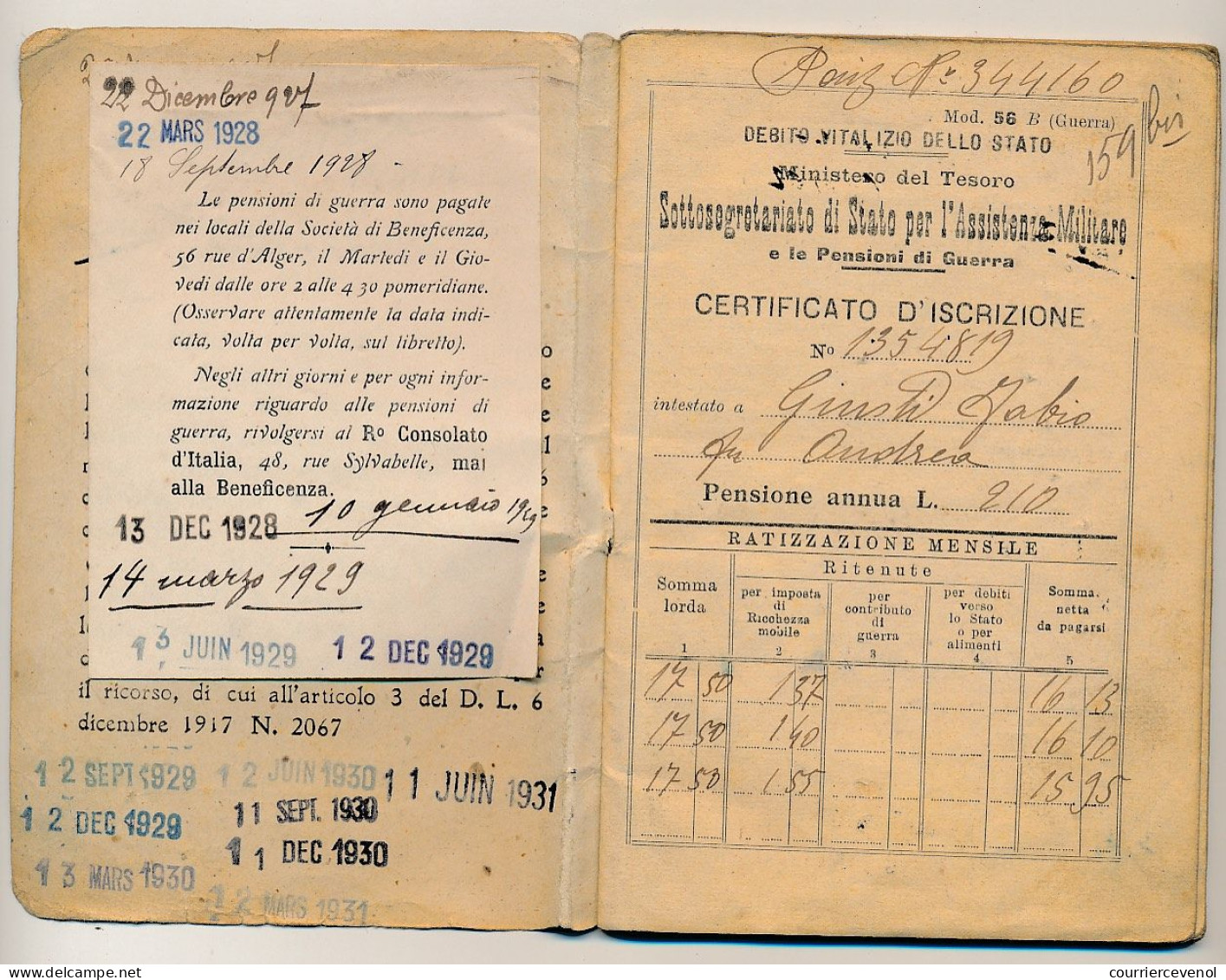 ITALIE - Passeport 1930 et Carnet de pensionné même époque - Cachet Consulat italien de Marseille