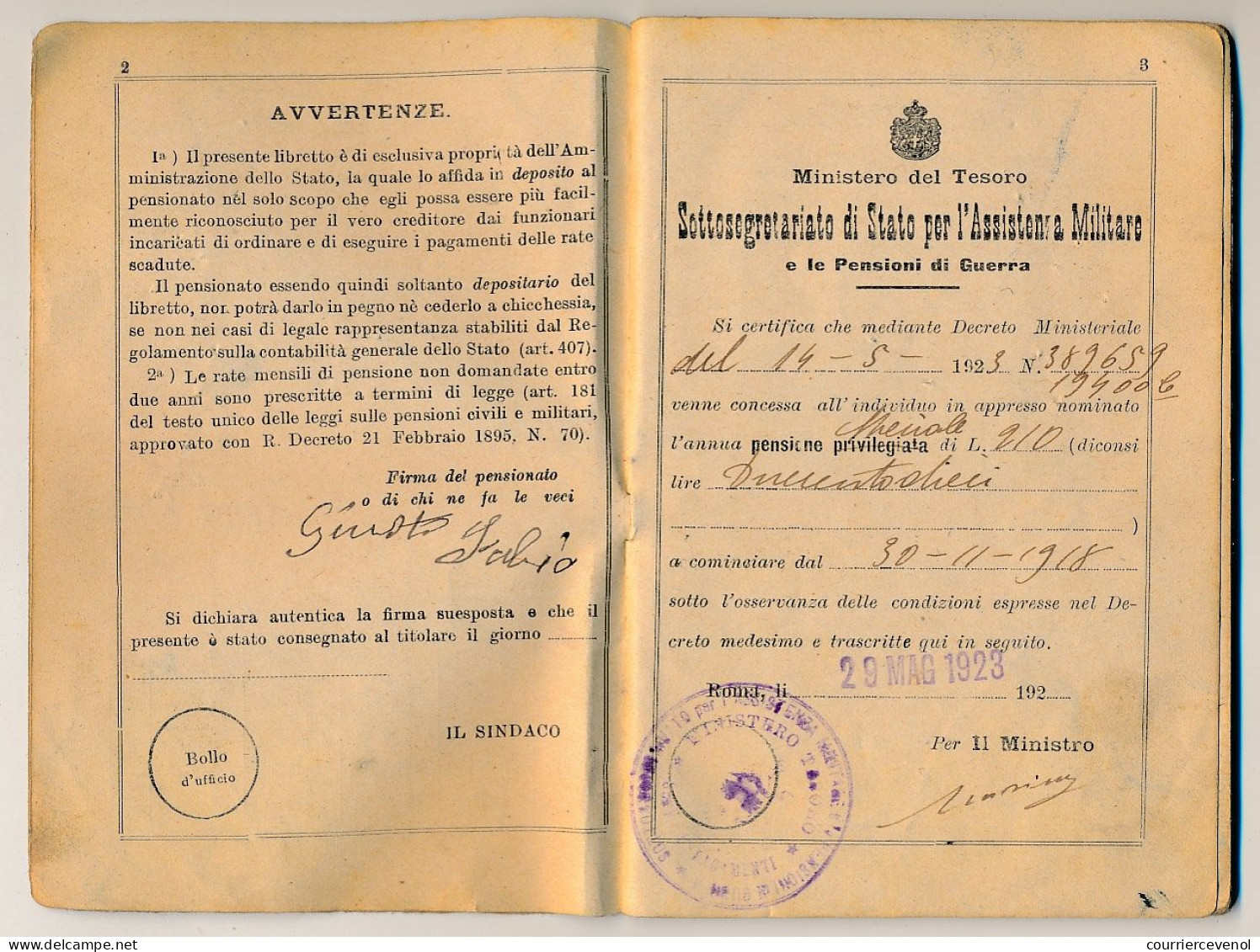 ITALIE - Passeport 1930 et Carnet de pensionné même époque - Cachet Consulat italien de Marseille