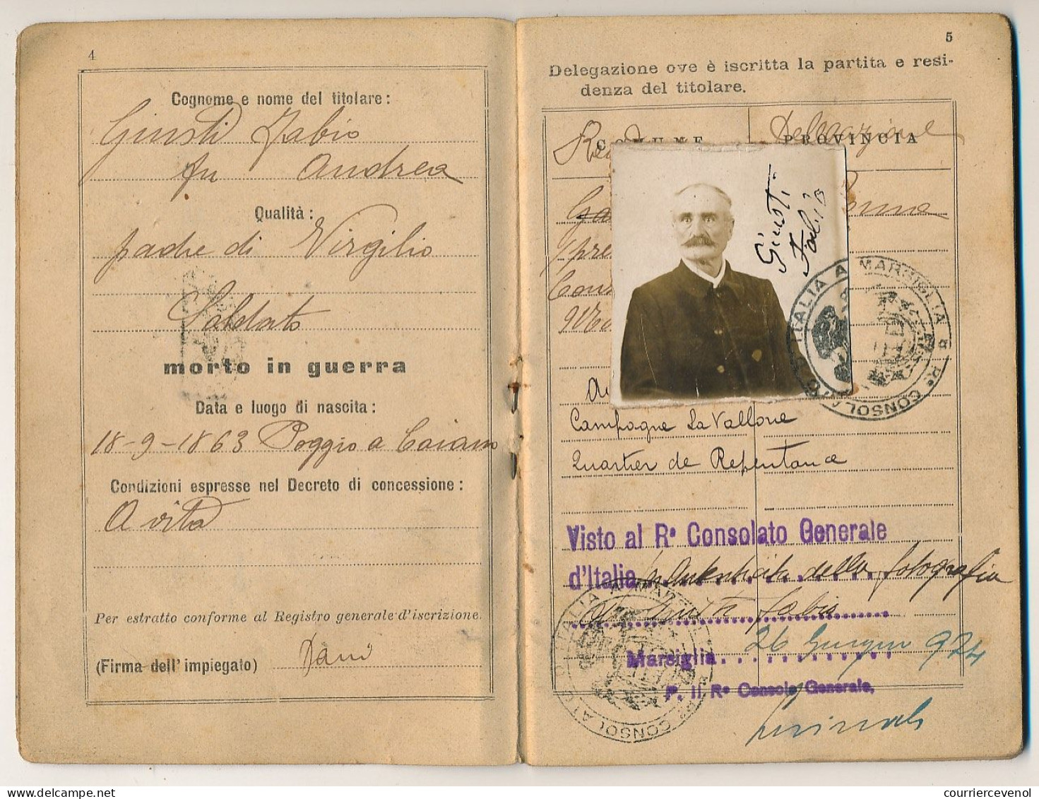 ITALIE - Passeport 1930 et Carnet de pensionné même époque - Cachet Consulat italien de Marseille