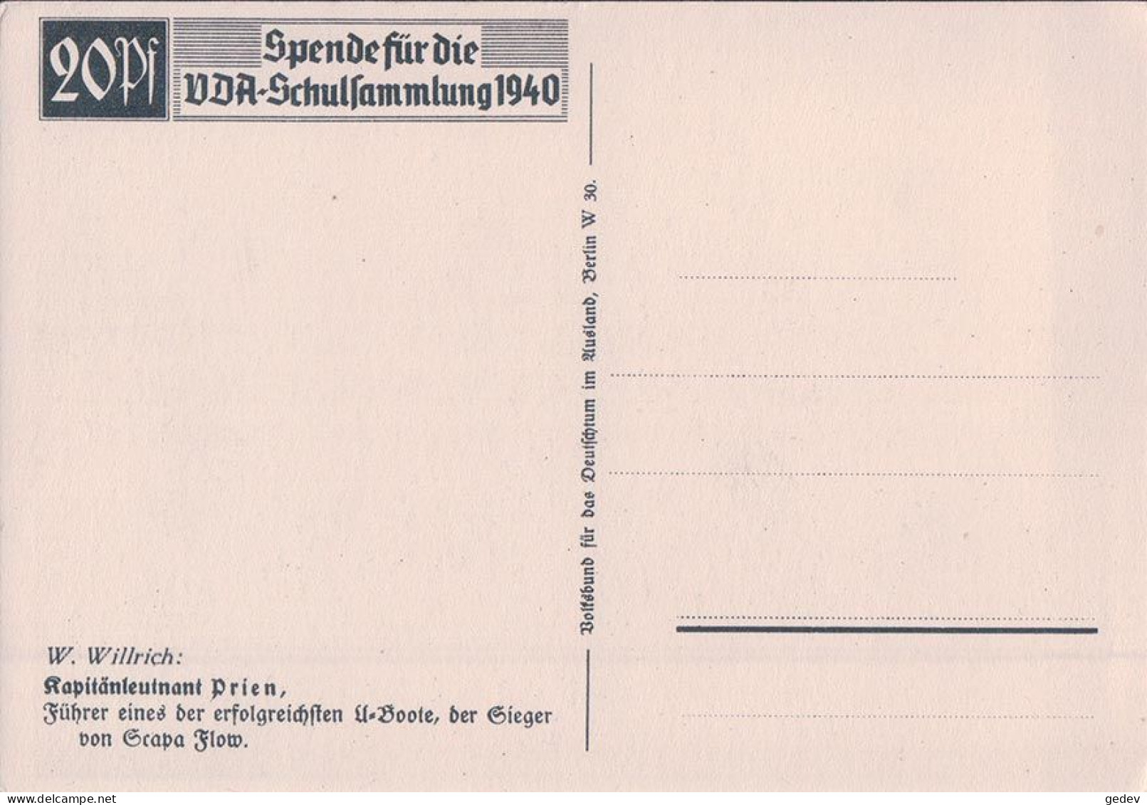 Wolfgang Willrich Illustrateur, Kapitänleutnant Prien, Spende Für Die UDA-Schulsammlung 1940 (20) 10x15 - Willrich