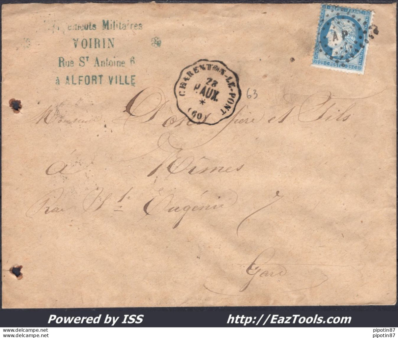 FRANCE N°60C SUR LETTRE CONVOYEUR DE STATION CHARENTON LE PONT LIGNE 63 P.AUX. - 1871-1875 Ceres