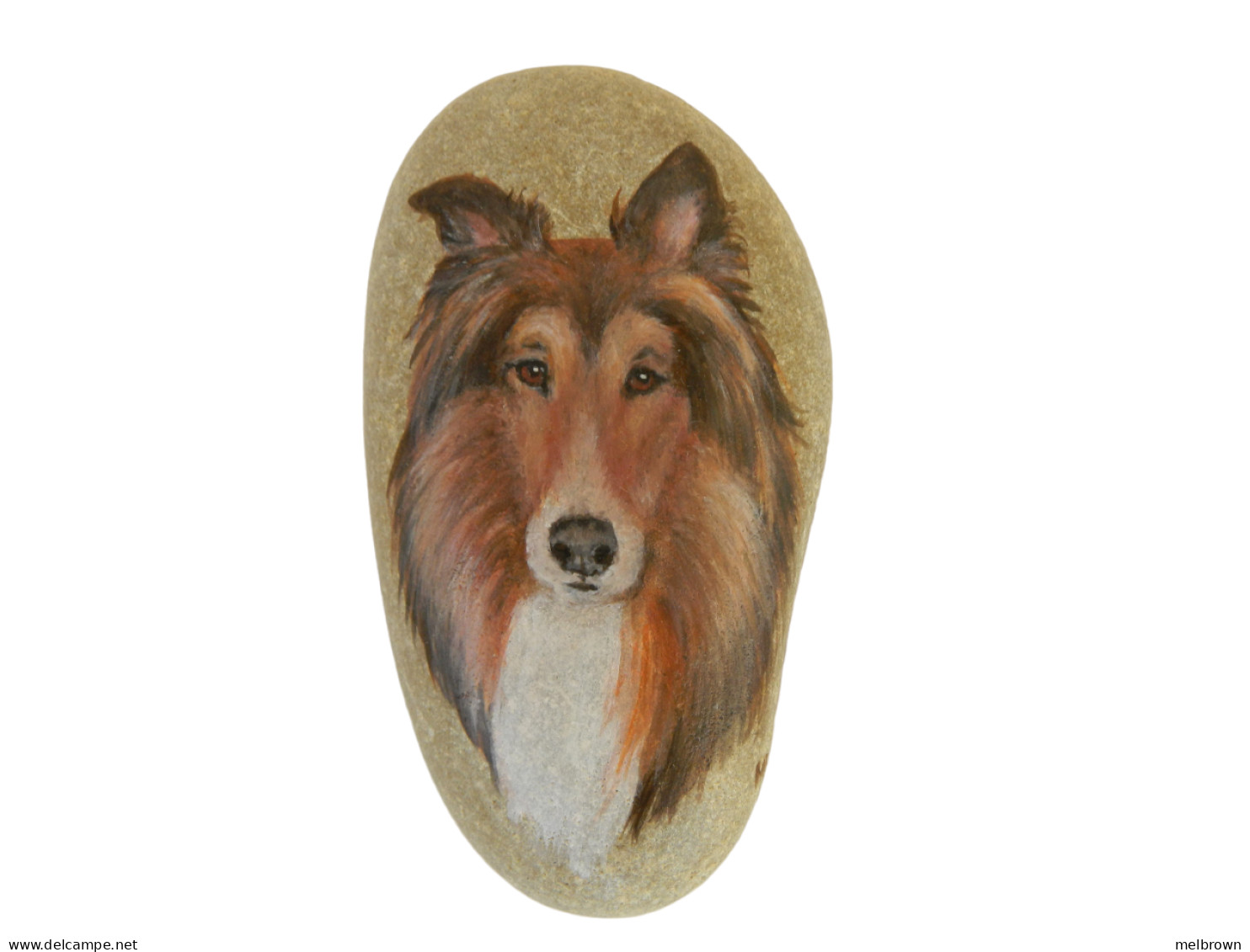 Rough Collie Dog Hand Painted On A Beach Stone Paperweight Collectible - Dieren