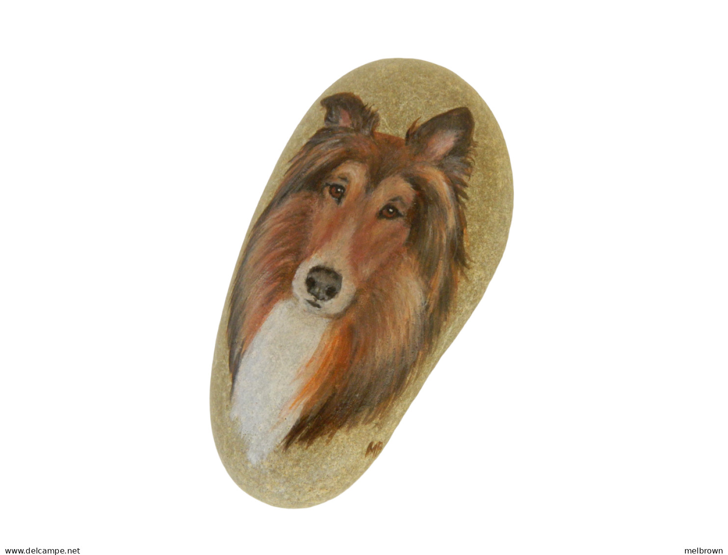 Rough Collie Dog Hand Painted On A Beach Stone Paperweight Collectible - Dieren