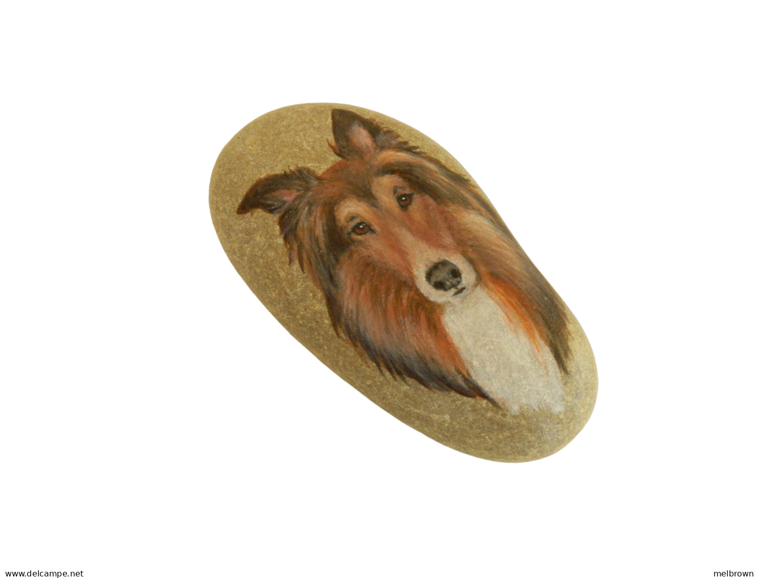 Rough Collie Dog Hand Painted On A Beach Stone Paperweight Collectible - Animali