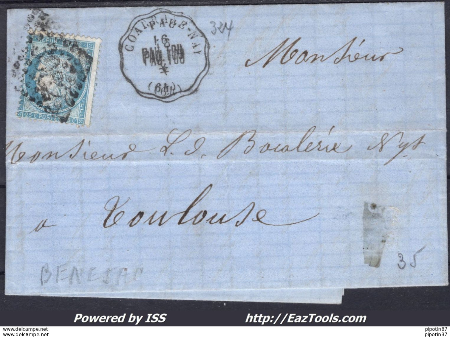 FRANCE N°60 SUR LETTRE AVEC CONVOYEUR DE STATION COARRAZE NAY LIGNE 324 PAU.TOU. - 1871-1875 Ceres