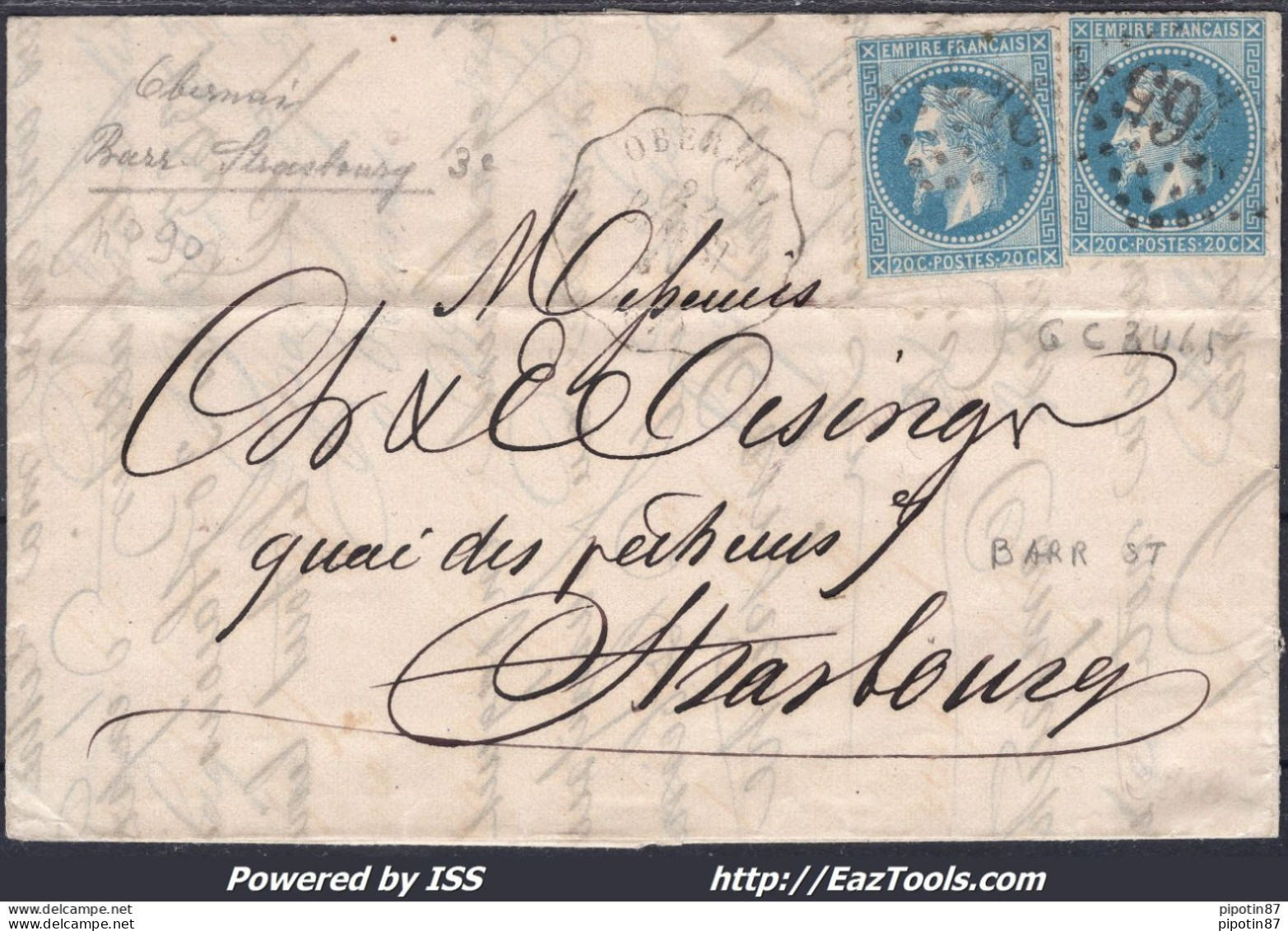 FRANCE N°29Bx2 SUR LETTRE AVEC CONVOYEUR DE STATION OBERNAI LIGNE 90 Barr.ST. - 1863-1870 Napoleon III With Laurels